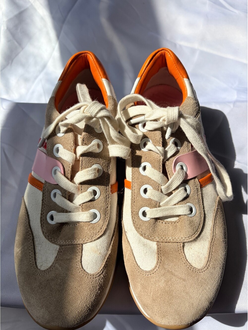 Tory Burch Sport Bubble Sneakers 8 Suede Canvas Chunky Gum Sole Orange Pink